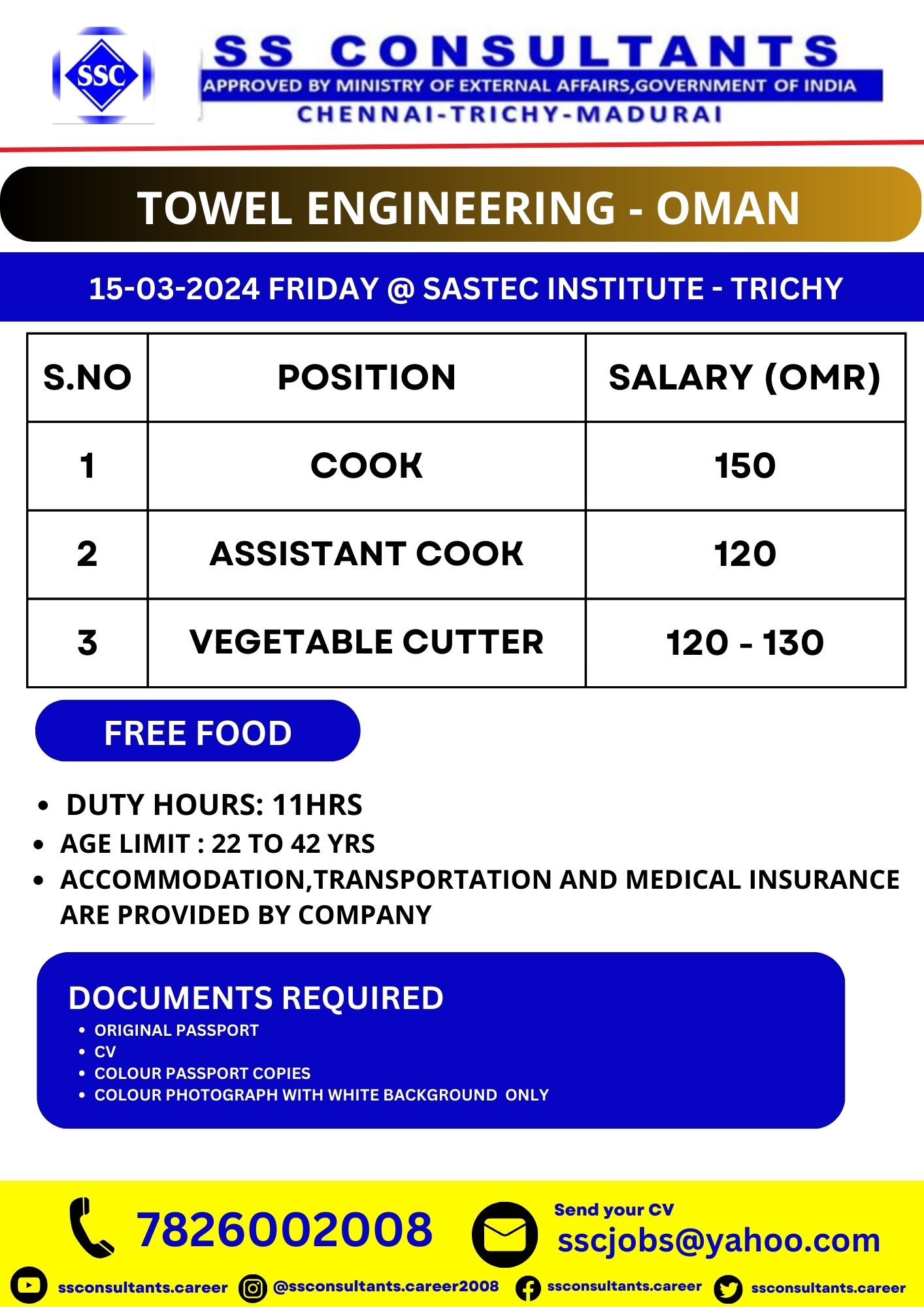 Cook job vacancy in Oman  | Towel Engineering – Oman | SS Consultants