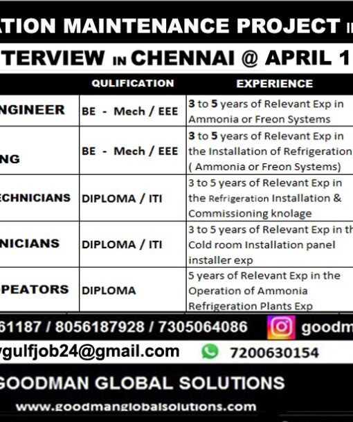 REFRIGERATION MAINTENANCE PROJECT IN KUWAIT –  DIRECT CLIENT INTERVIEW IN CHENNAI
