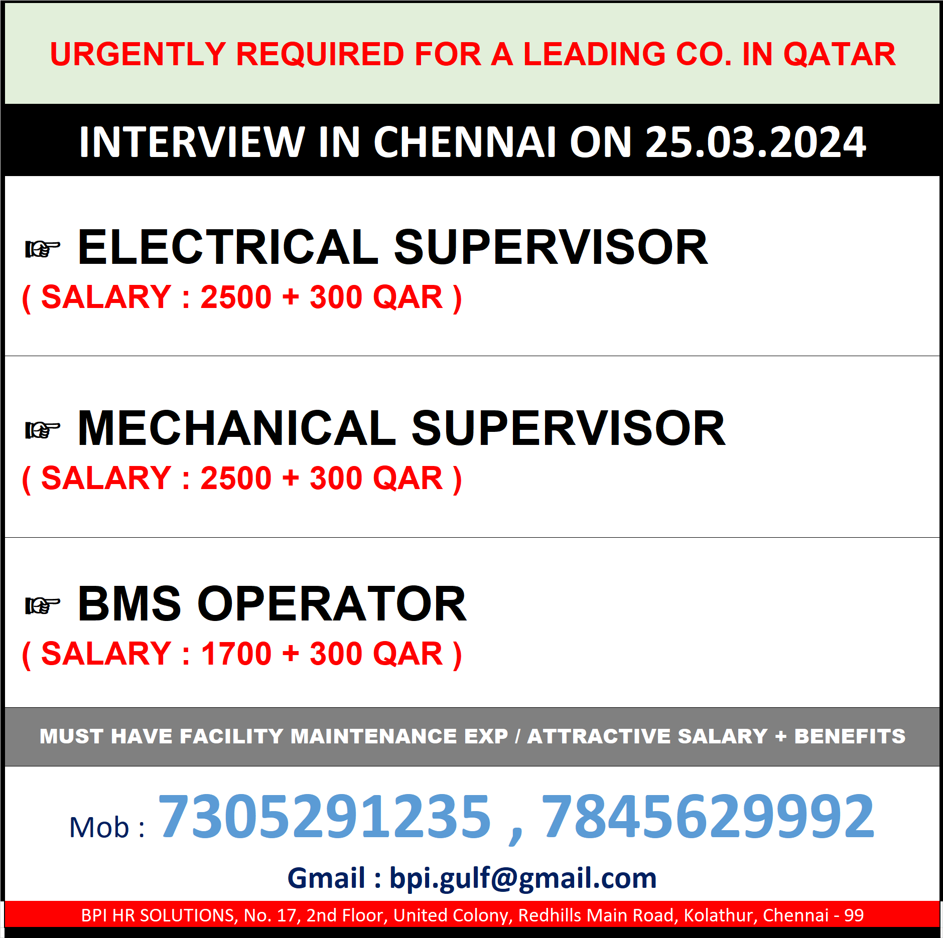 urgently required for a leading co. in qatar 25th interview in chennai