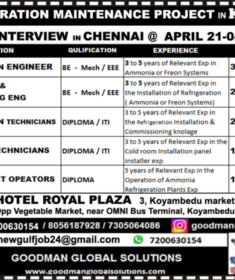 REFRIGERATION MAINTENANCE PROJECT IN KUWAIT – DIRECT CLIENT INTERVIEW IN CHENNAI  21 – 04 – 2024