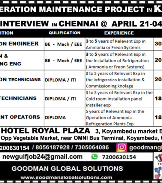 REFRIGERATION MAINTENANCE PROJECT IN KUWAIT – DIRECT CLIENT INTERVIEW IN CHENNAI  21 – 04 – 2024