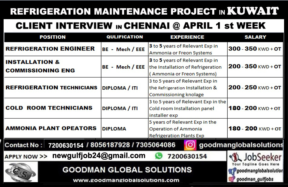 REFRIGERATION MAINTENANCE PROJECT IN KUWAIT  – DIRECT CLIENT INTERVIEW IN CHENNAI APRIL 2nd  Week