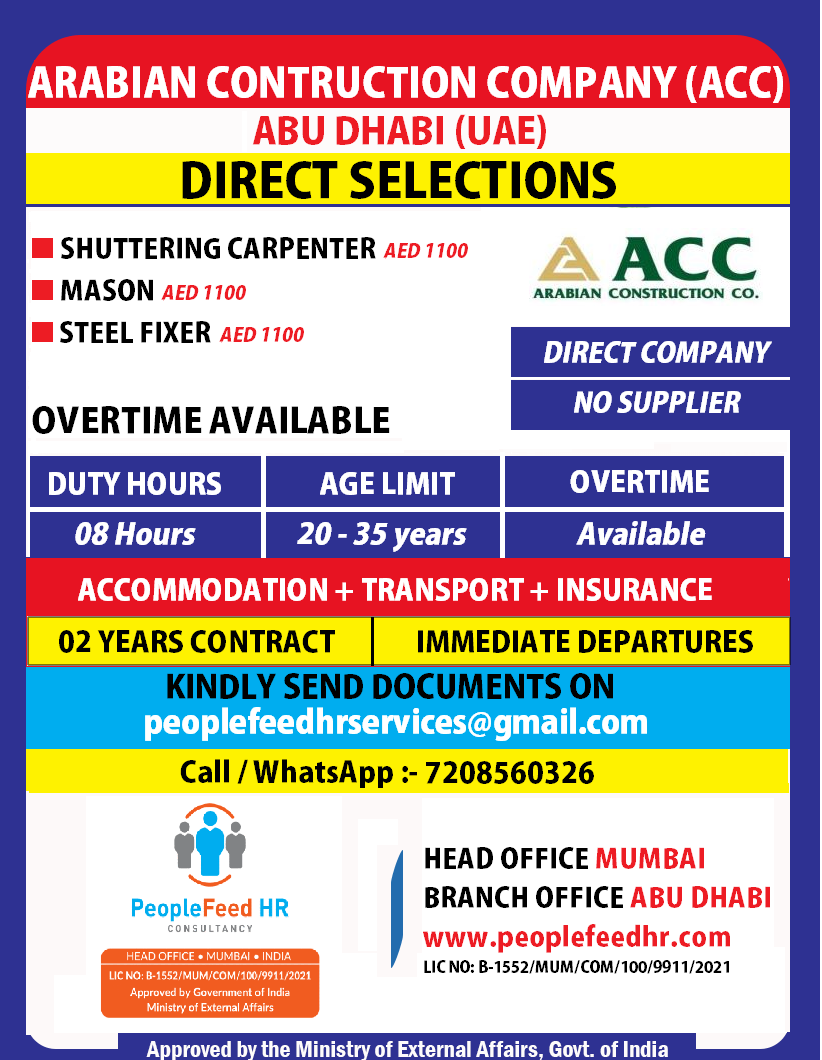 Urgent Requirement For ARABIAN CONSTRUCTION COMPANY (ACC) ::: ABU DHABI (UAE) ::: DIRECT SELECTIONS