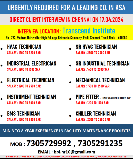 URGENTLY REQUIRED FOR A LEADING CO. IN KSA CLIENT INTERVIEW IN CHENNAI ON 17.04.2024