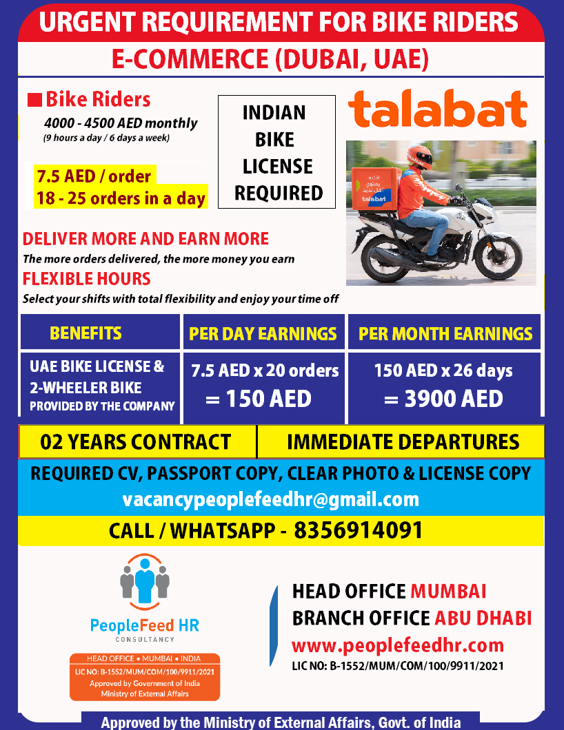 Urgently Required Bike Riders (Food Delivery Driver) For A Leading E-Commerce Company In Dubai (UAE)