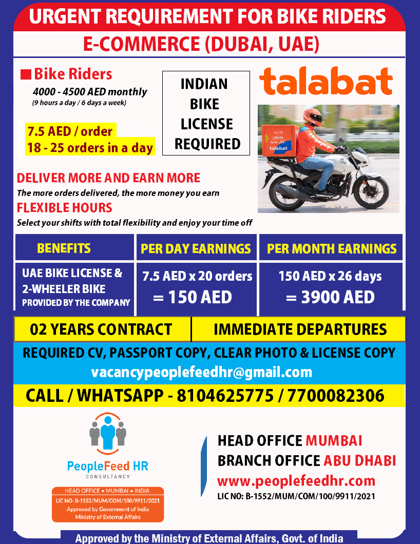 Urgently Required Bike Riders (Food Delivery Driver) For A Leading E-Commerce Company In Dubai (UAE)