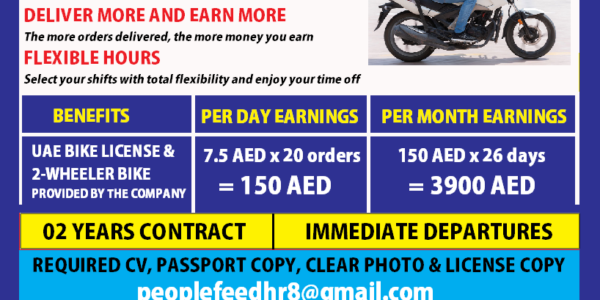 URGENT REQUIREMENT ::: IMMEDIATE DEPARTURES ::: BIKE RIDERS (FOOD DELIVERY DRIVER) ::: DUBAI (UAE)