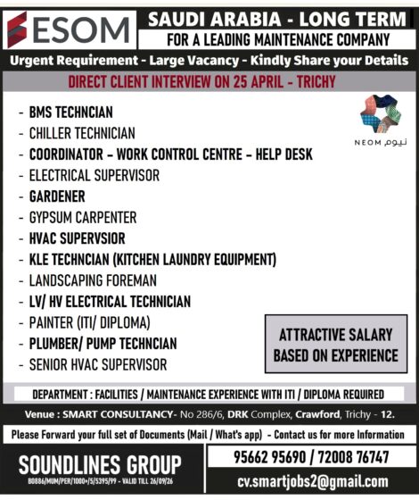 WANTED FOR A LEADING MAINTENANCE COMPANY – SAUDI / DIRECT CLIENT INTERVIEW ON 25th APRIL – TRICHY.