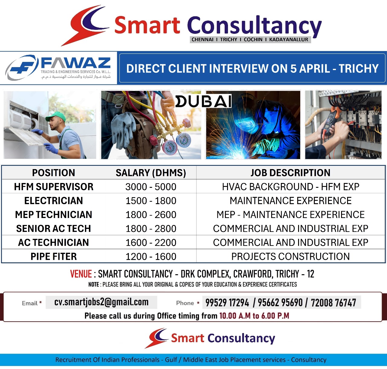 WANTED FOR A LEADING MAINTENANCE COMPANY – SAUDI / DIRECT CLIENT INTERVIEW ON 5th APRIL – TRICHY.