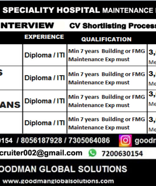LEADING MULTI SPECIALITY HOSPITAL MAINTENANCE PROJECT – KSA – ONLINE INTERVIEW — CV SHORTLISTING PROCESS IN CHENNAI