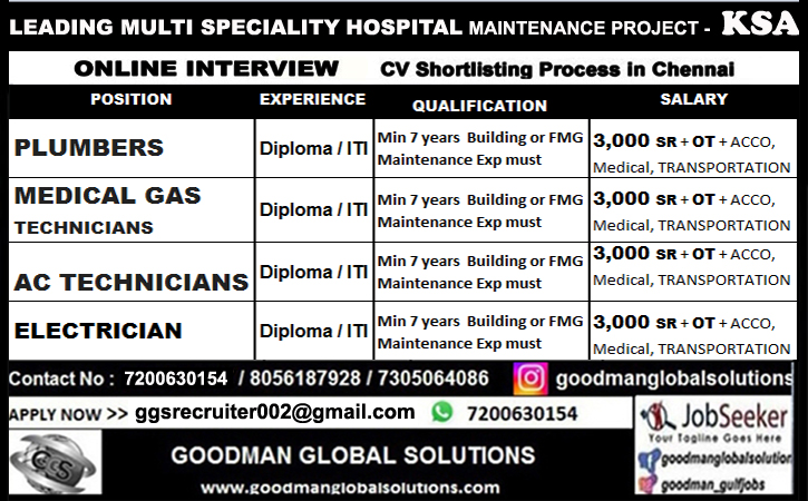 LEADING MULTI SPECIALITY HOSPITAL MAINTENANCE PROJECT – KSA – ONLINE INTERVIEW — CV SHORTLISTING PROCESS IN CHENNAI