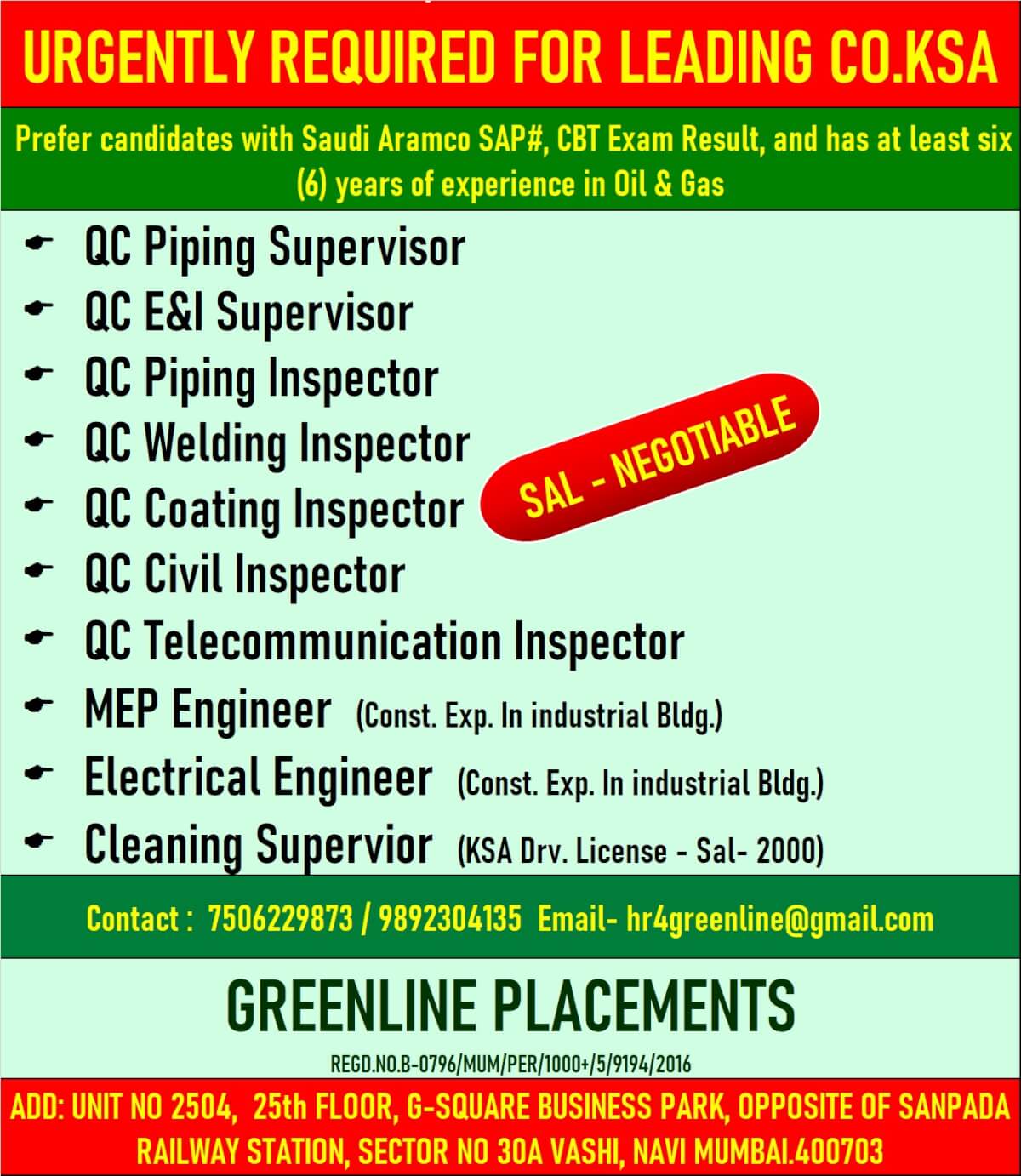URGENTLY REQUIRED FOR LEADING COMPANY IN KSA