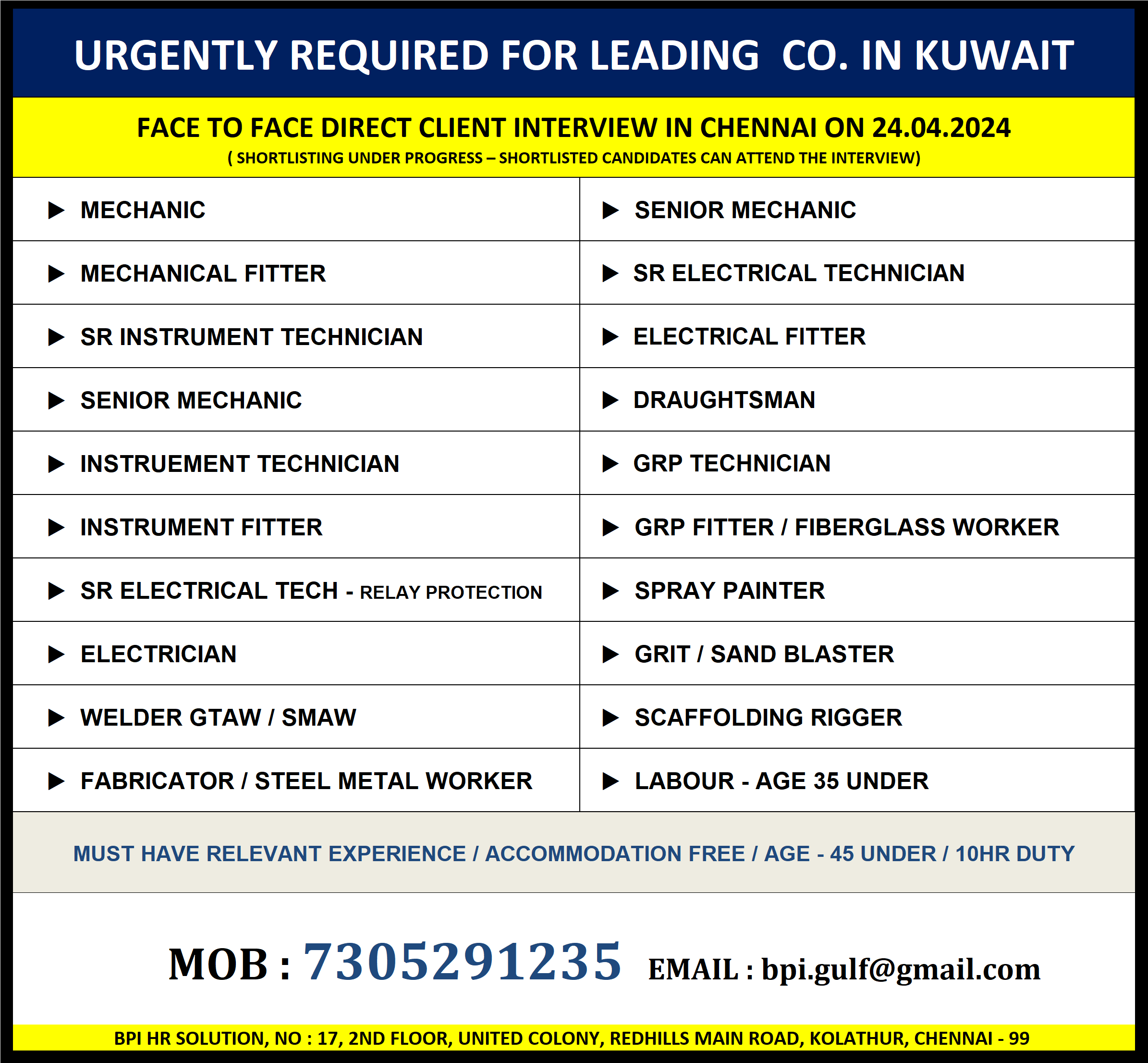 URGENTLY REQUIRED FOR A LEADING CO. IN KUWAIT INTERVIEW IN CHENNAI ON 24.04.2024