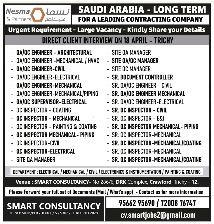 WANTED FOR A LEADING CONTRACTING COMPANY – SAUDI / DIRECT CLIENT INTERVIEW ON 18th APRIL – TRICHY.
