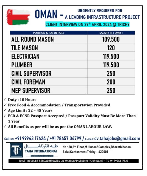 OMAN – URGENTLY REQ FOR A LEADING INFRASTRUCTURE PROJECT – INTERVIEW ON 29th APRIL 2024 @ TRICHY