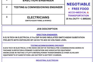 ERECTION ENGINEER / TESTING & COMMISSIONING ENGINEER / ELECTRICIANS (SWITCHGEAR PANEL & WIRING)
