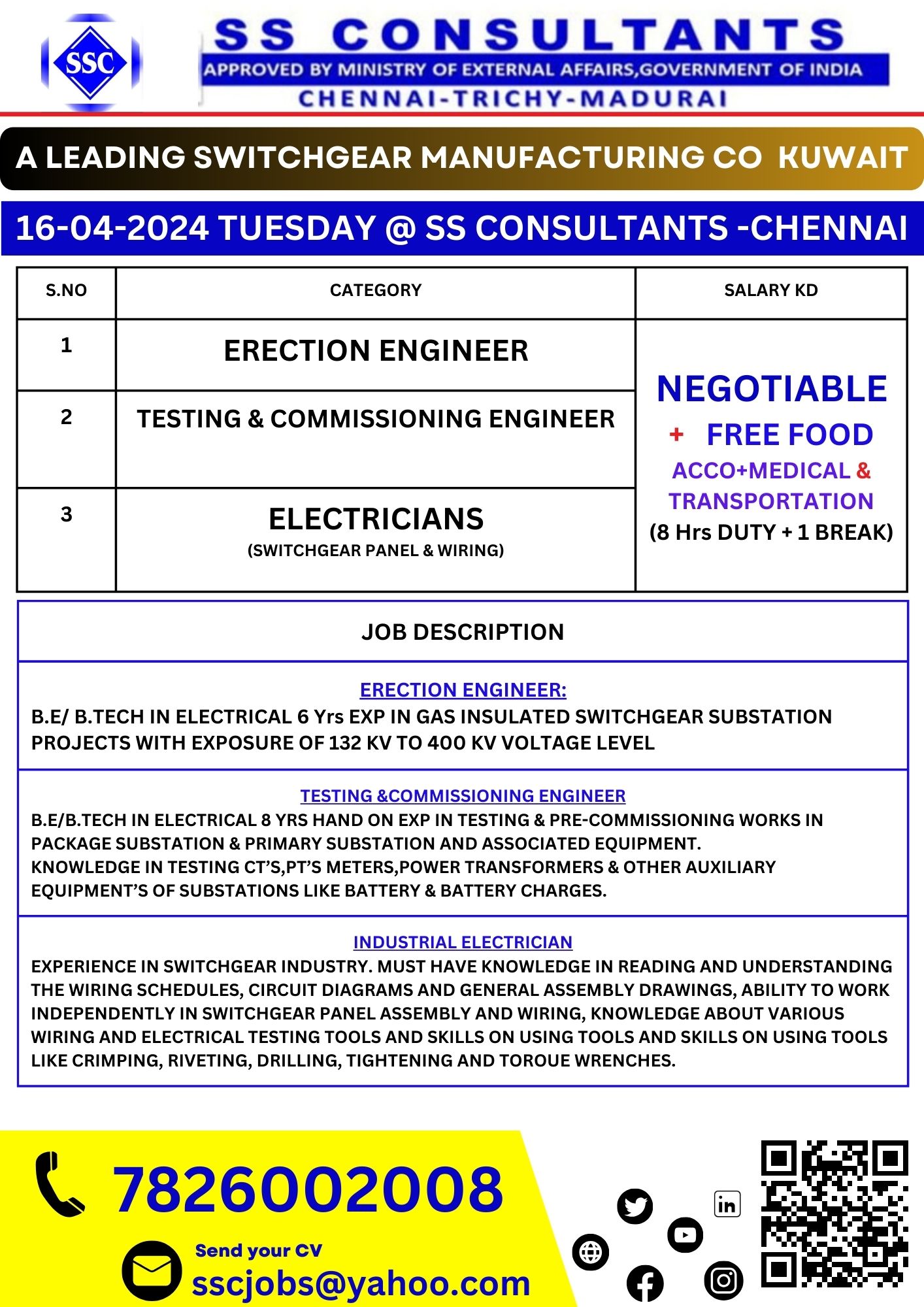 ERECTION ENGINEER / TESTING & COMMISSIONING ENGINEER / ELECTRICIANS  (SWITCHGEAR PANEL & WIRING)