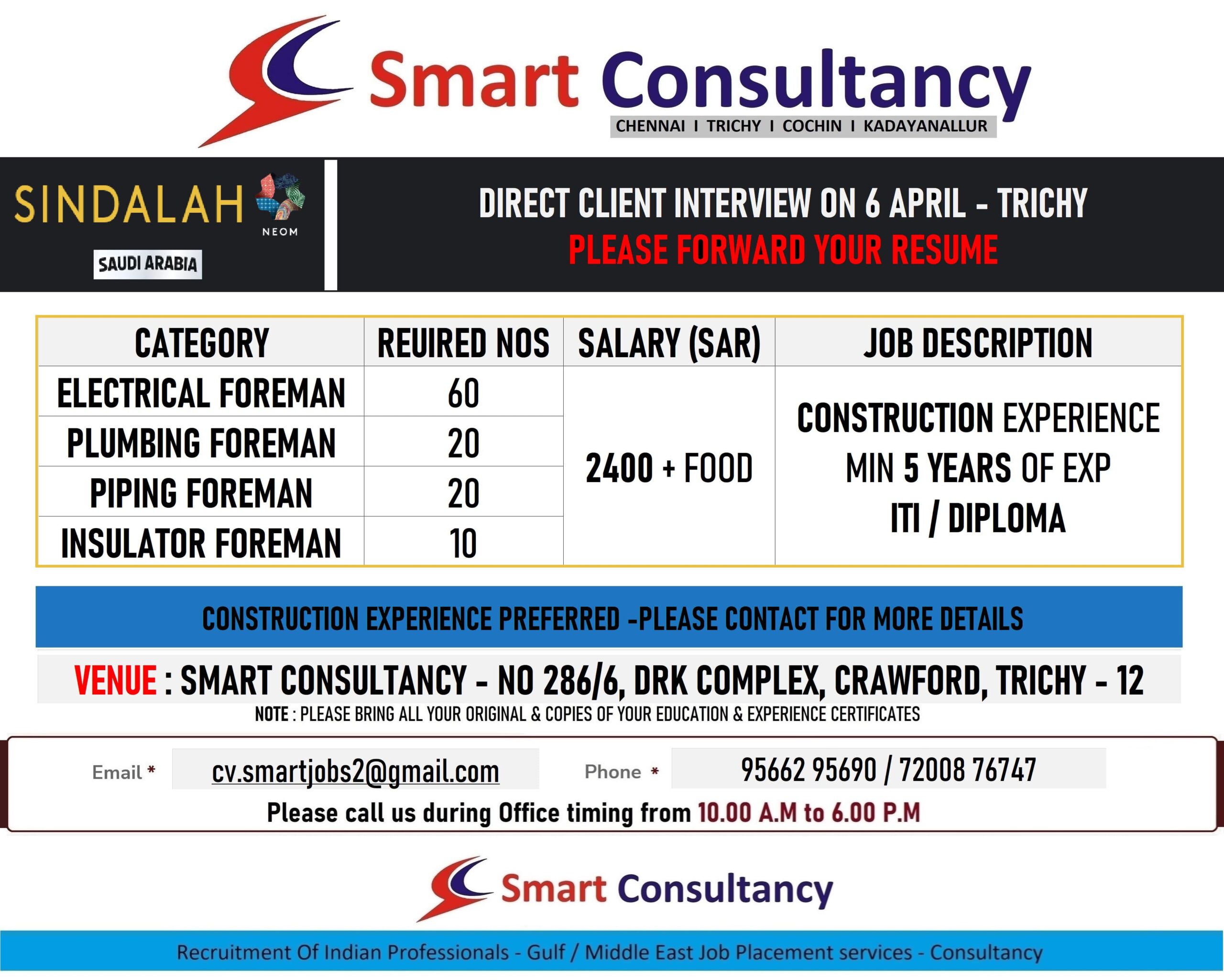 WANTED FOR A LEADING CONSTRUCTION COMPANY – SAUDI / DIRECT CLIENT INTERVIEW ON 6th APRIL – TRICHY.