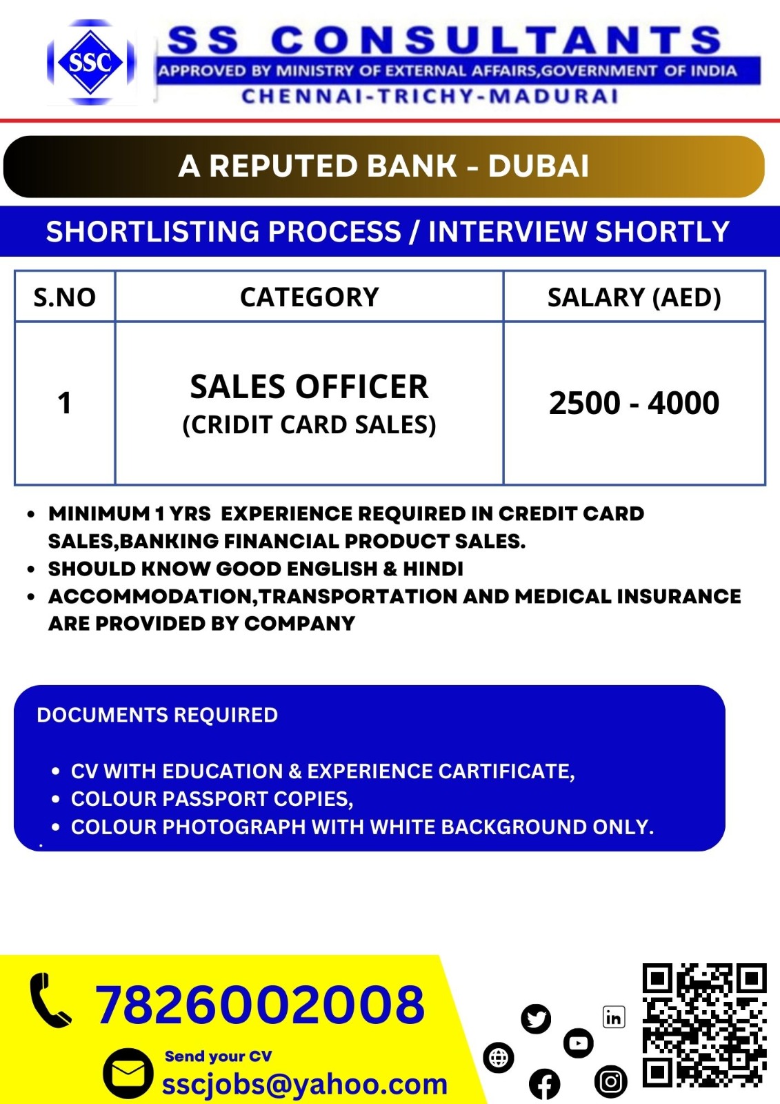 A LEADING BANK JOB  | SALES OFFICER IN DUBAI