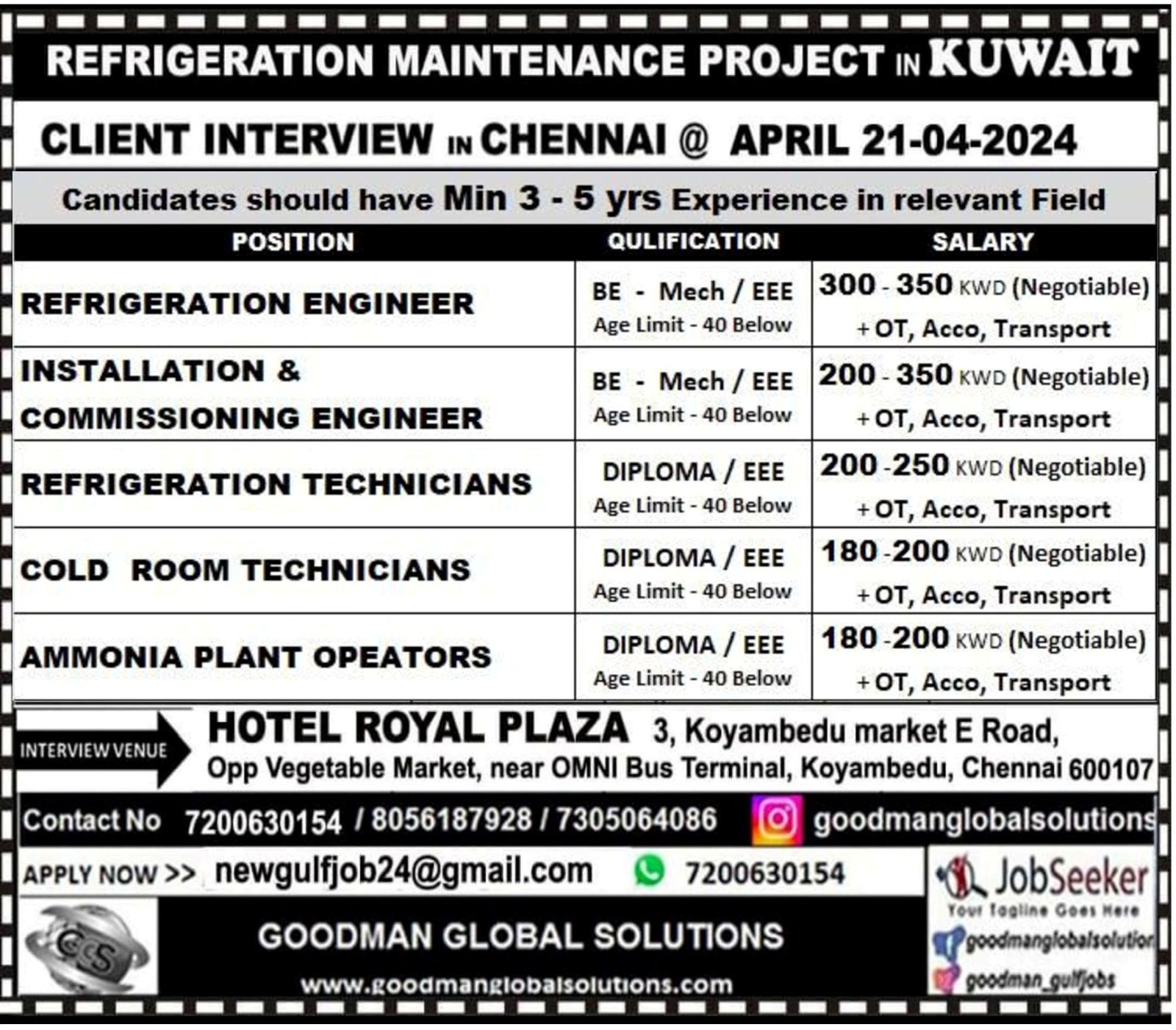 REFRIGERATION MAINTENANCE PROJECT IN KUWAIT – DIRECT CLIENT INTERVIEW IN CHENNAI 21 – 04 – 2024