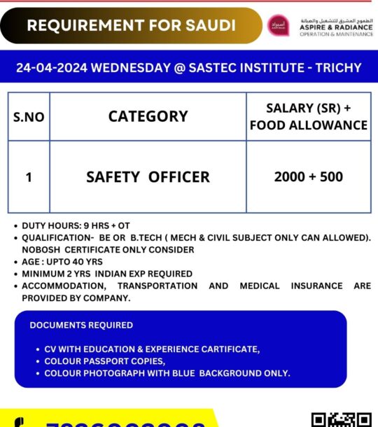 SAFETY OFFICER JOB IN SAUDI