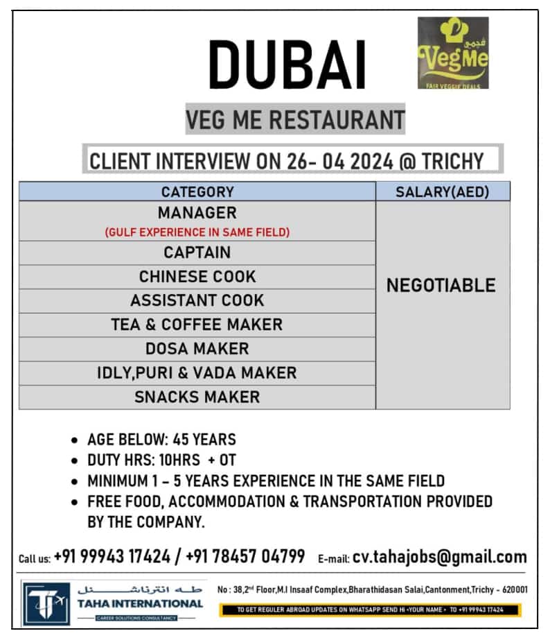 VEG ME RESTAURENT – DUBAI – CLIENT INTERVIEW ON 26-04-2024 @ TRICHY ( TAMILNADU )