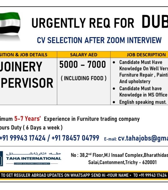 URGENTLY REQ FOR DUBAI –  CV SELECTION AFTER ZOOM INTERVIEW