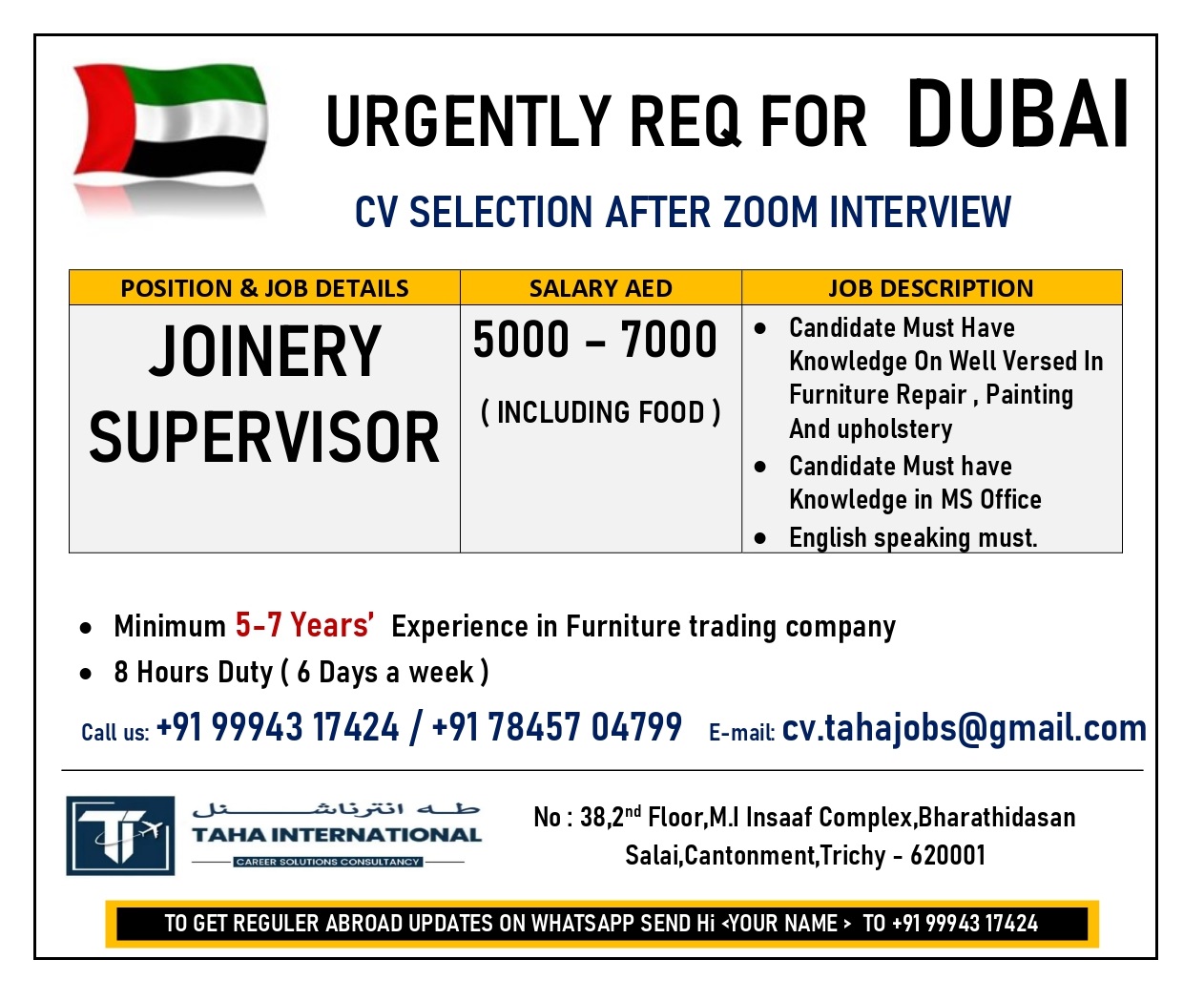URGENTLY REQ FOR DUBAI –  CV SELECTION AFTER ZOOM INTERVIEW