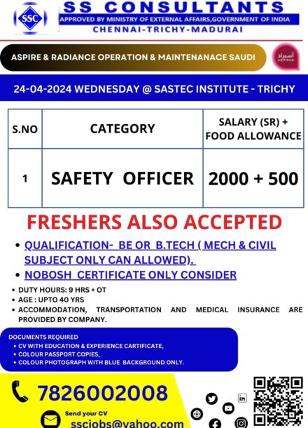 ASPIRE & RADIANCE OPERATION & MAINTENANACE SAUDI |  SAFETY OFFICER | Gulf jobs for mechanical engineers fresher