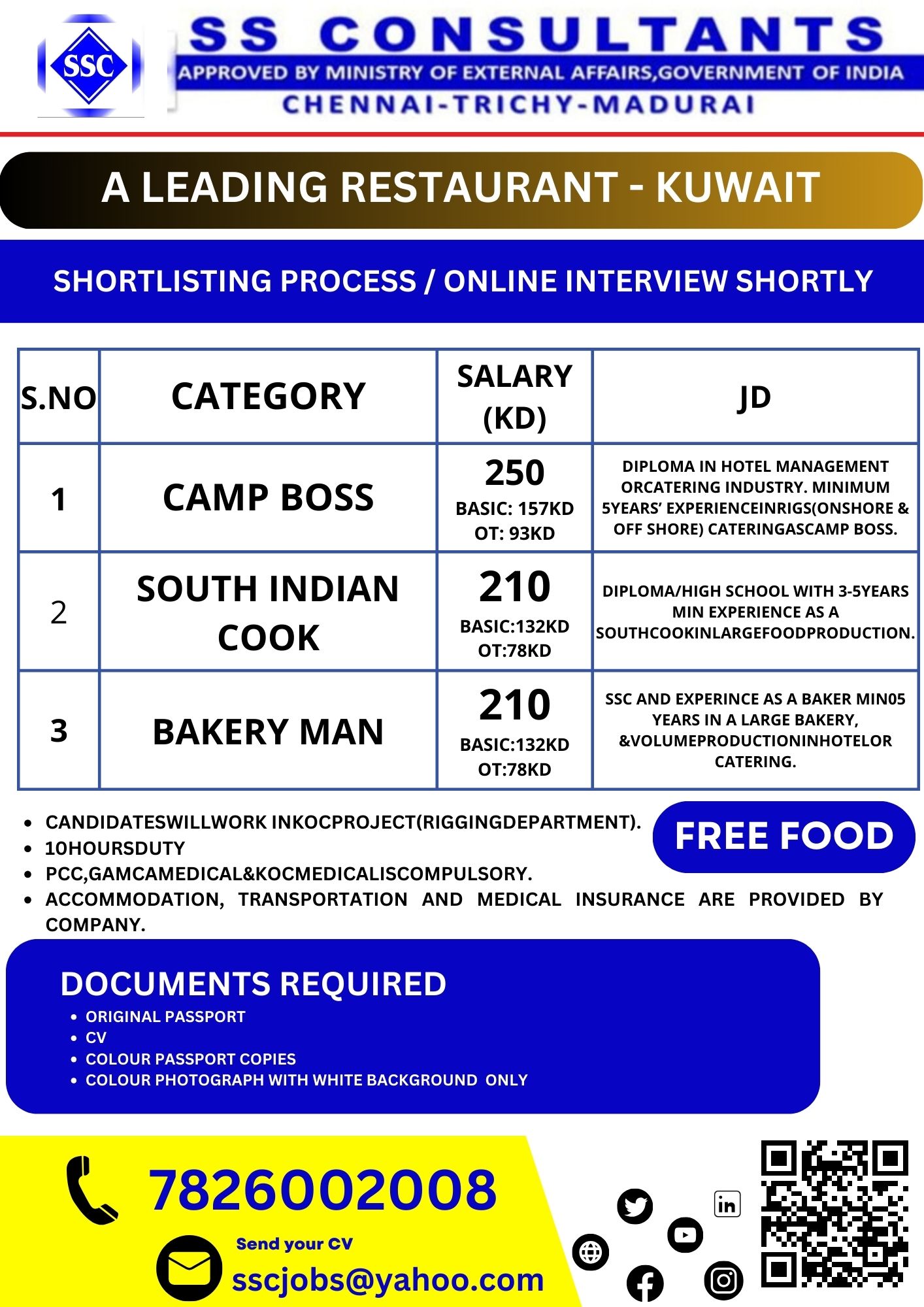 CAMP BOSS , SOUTH INDIAN COOK , BAKERY MAN| A Leading Restaurant – Kuwait