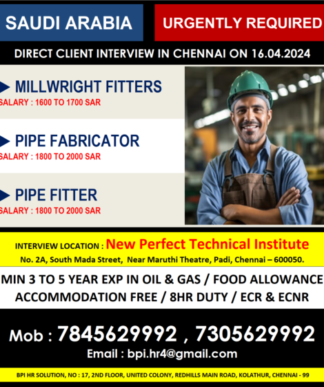 Urgently required for a leading co in ksa client interview in Chennai on 16.04.24