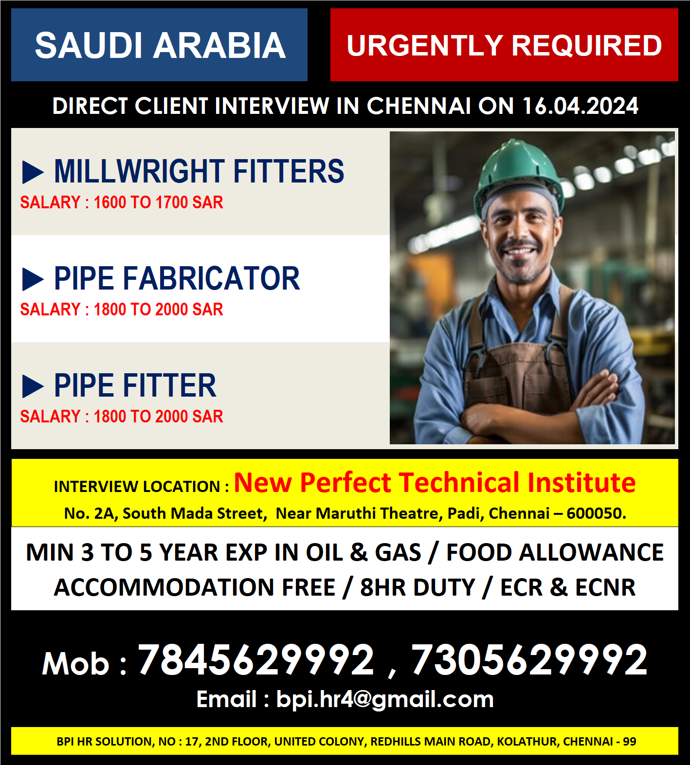 Urgently required for a leading co in ksa client interview in Chennai on 16.04.24