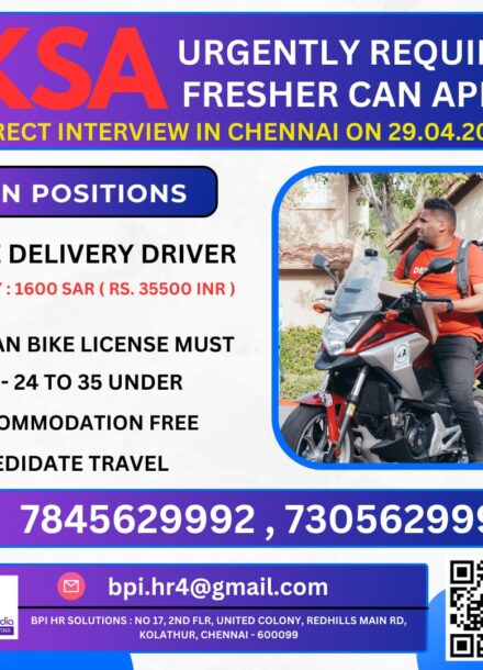 urgently required for a leading co. in ksa direct interview in chennai on 29.04.2024