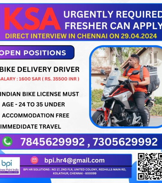 urgently required for a leading co. in ksa direct interview in chennai on 29.04.2024