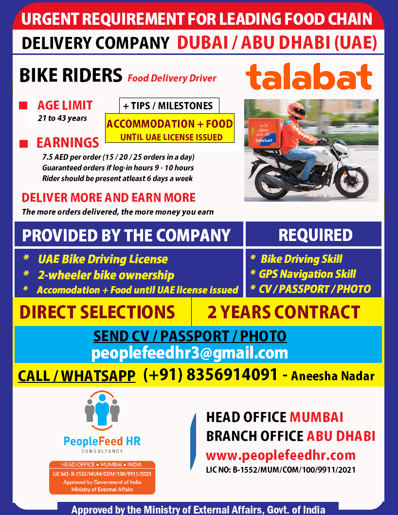 URGENT REQUIREMENT FOR BIKE RIDERS (FOOD DELIVERY) FOR LEADING FOOD CHAIN & DELIVERY COMPANY IN DUBAI, ABU DHABI (UAE)