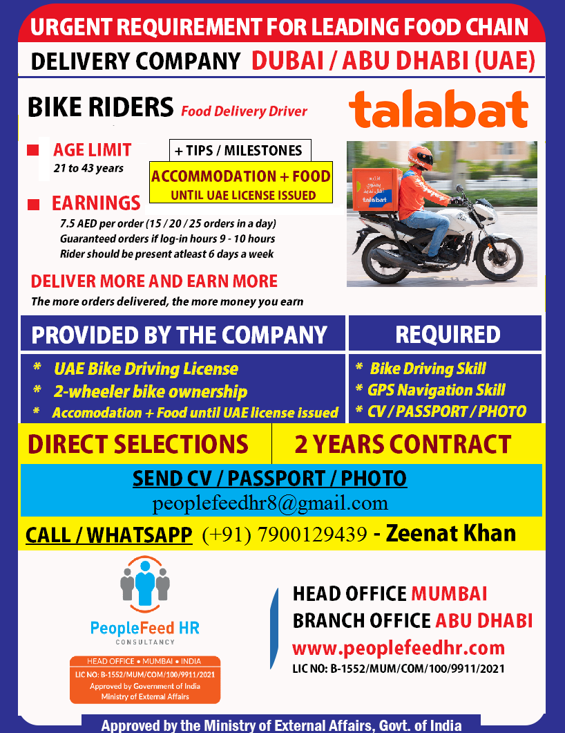 URGENT REQUIREMENT FOR BIKE RIDERS (FOOD DELIVERY) FOR LEADING FOOD CHAIN & DELIVERY COMPANY IN DUBAI, ABU DHABI (UAE)