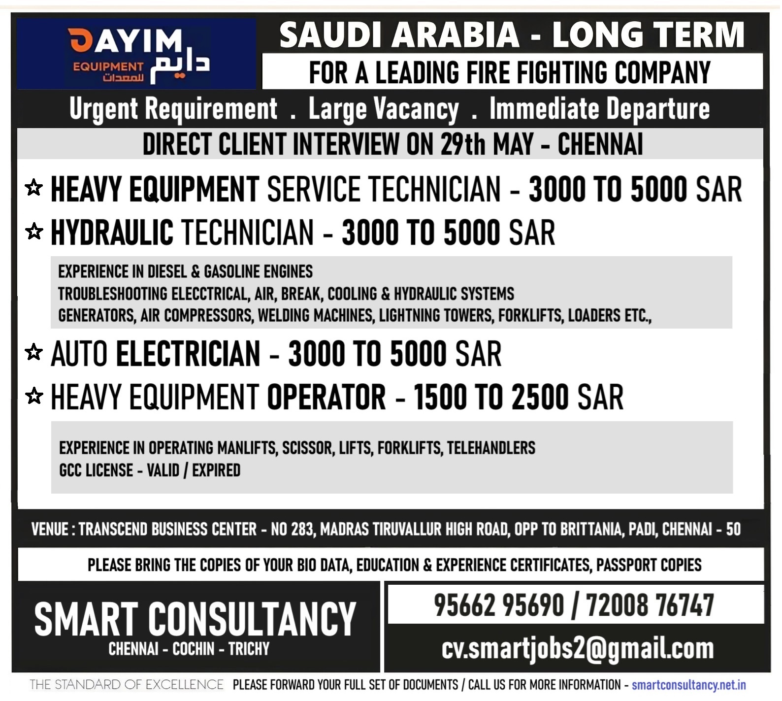 WANTED FOR A LEADING HEAVY EQUIPMENT COMPANY – SAUDI / DIRECT CLIENT INTERVIEW ON 29 MAY – CHENNAI.