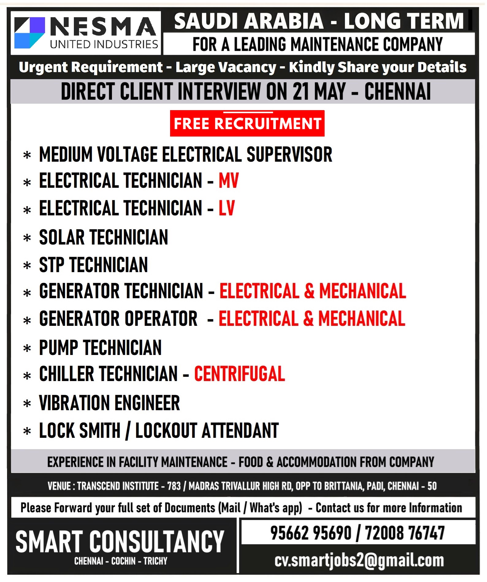 WANTED FOR A LEADING MAINTENANCE COMPANY – SAUDI ARABIA / DIRECT CLIENT INTERVIEW ON 21 MAY – CHENNAI.