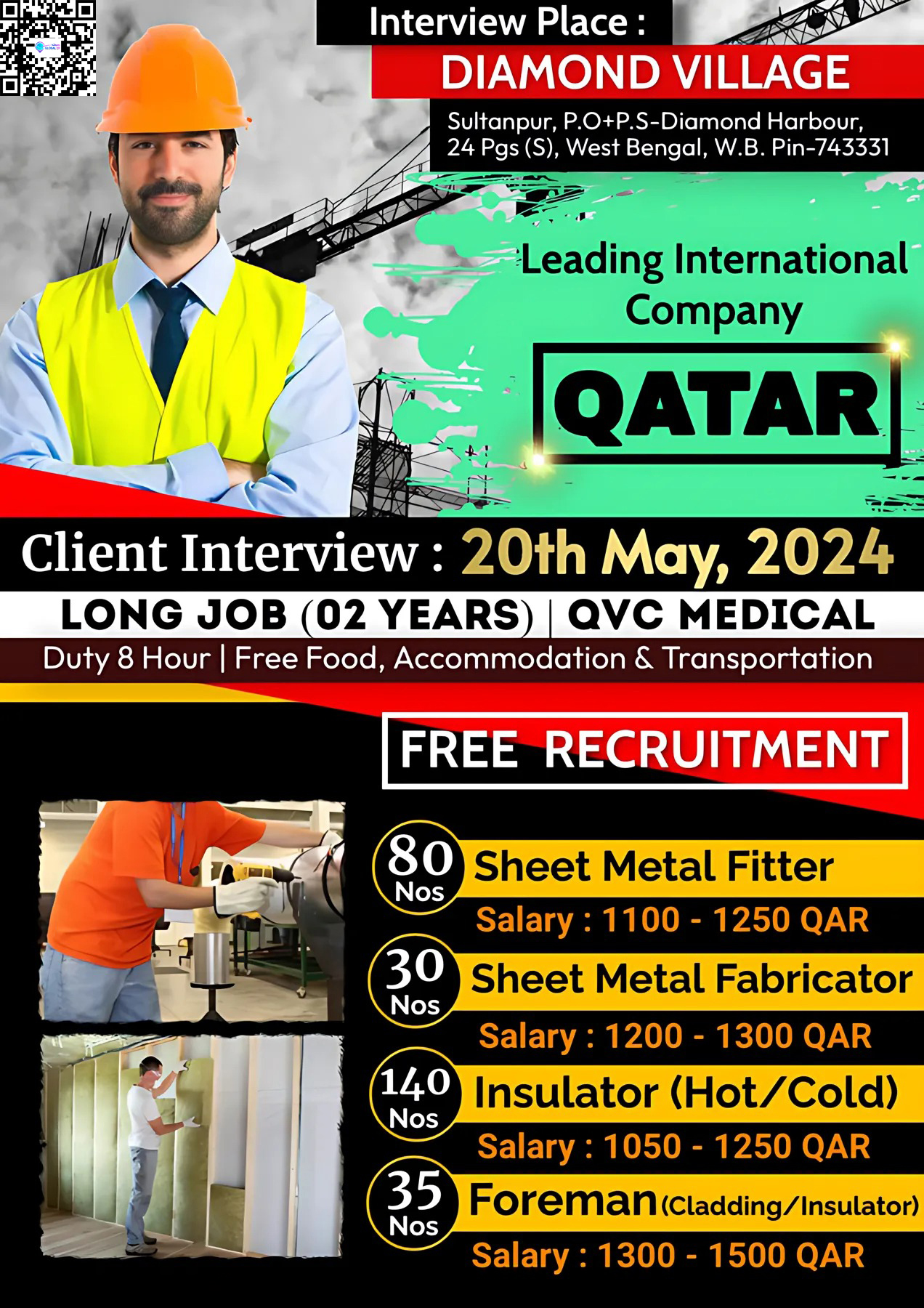 DIRECT CLIENT INTERVIEW ON 20 MAY, 2024 – KOLKATA | FREE RECRUITMENT for QATAR (LONG JOB)