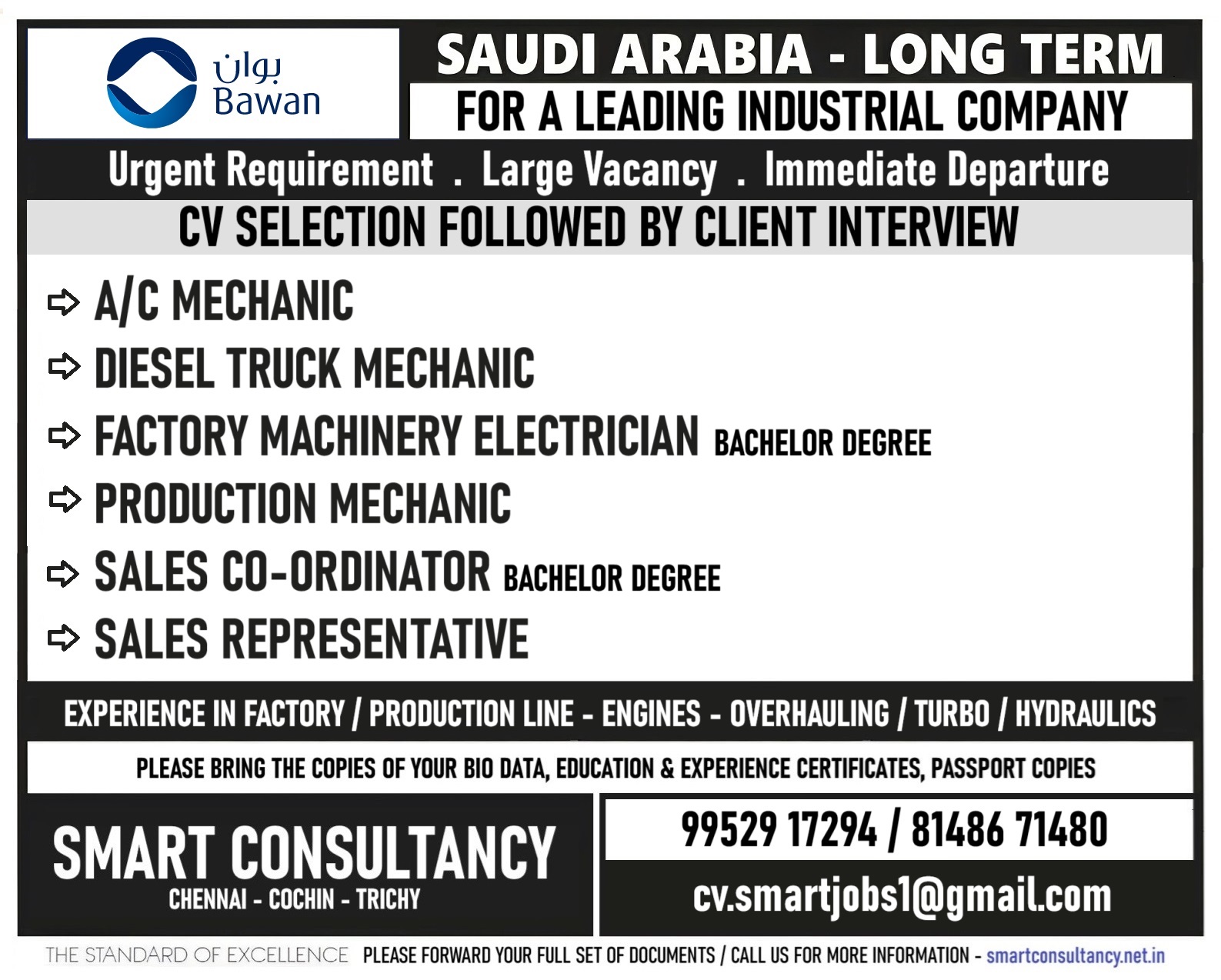WANTED FOR A LEADING INDUSTRIAL GROUPS – SAUDI / CV SELECTION FOLLOWED BY CLIENT INTERVIEW