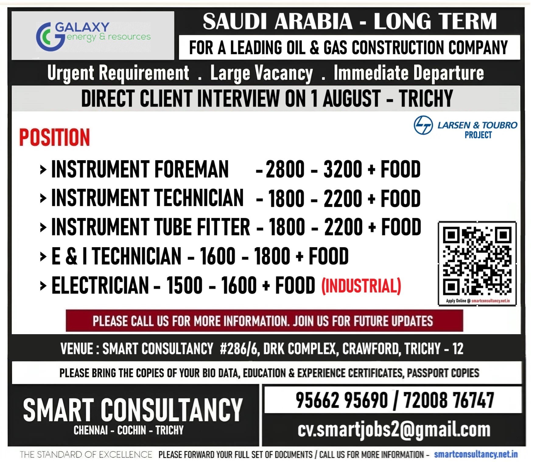 WANTED FOR A LEADING OIL & GAS CONSTRUCTION – SAUDI / DIRECT CLIENT INTERVIEW ON 1 AUGUST – TRICHY