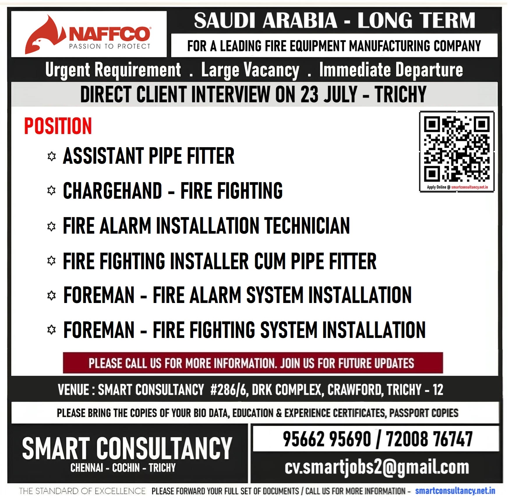 WANTED FOR A LEADING FIRE EQUIPMENT MANUFACTURING COMPANY – SAUDI / DIRECT CLIENT INTERVIEW ON 23 JULY – TRICHY