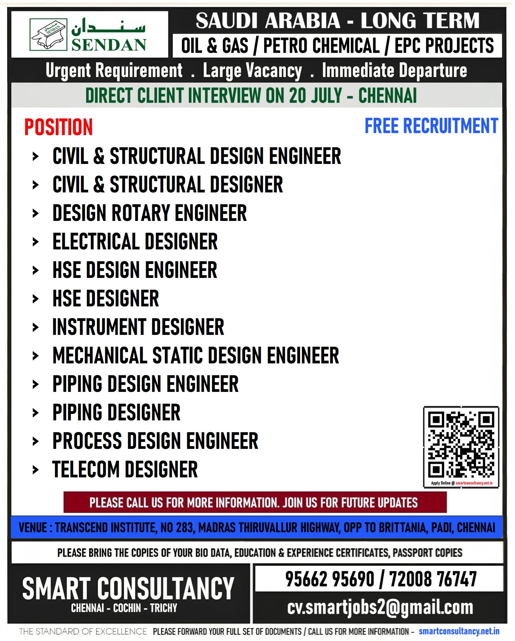 WANTED FOR A LEADING OIL & GAS COMPANY- SAUDI / DIRECT CLIENT INTERVIEW ON 20 JULY – CHENNAI