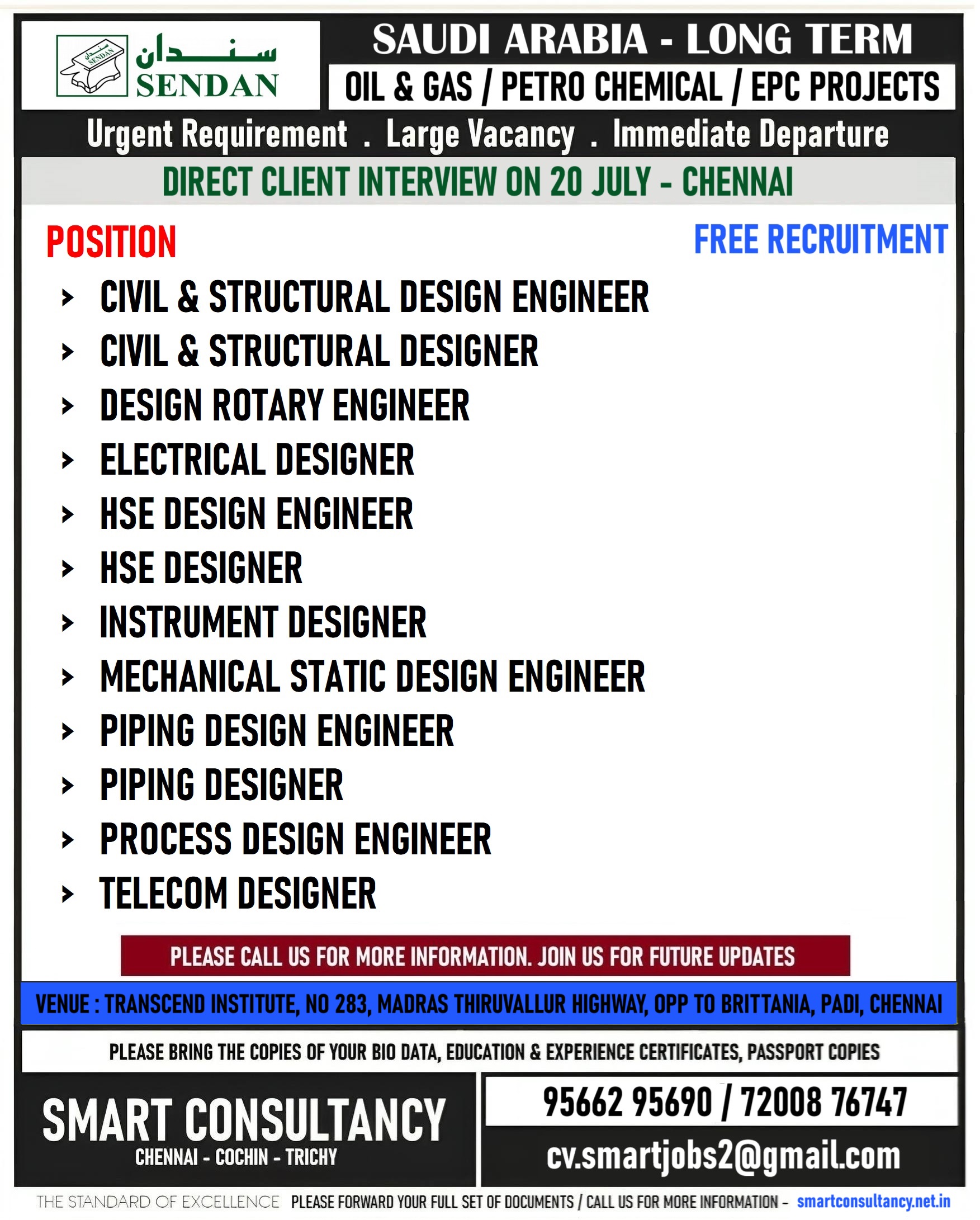 WANTED FOR A LEADING OIL & GAS COMPANY- SAUDI / DIRECT CLIENT INTERVIEW ON 20 JULY – CHENNAI