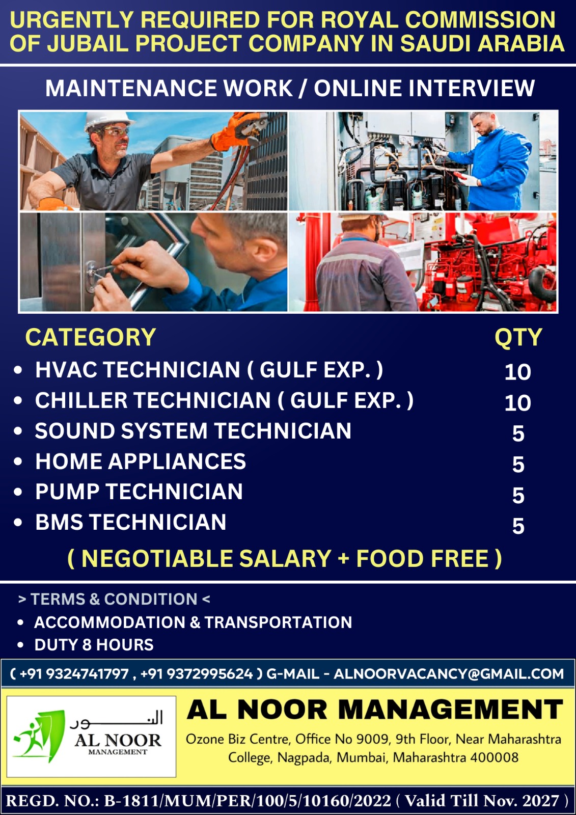 URGENTLY REQUIRED FOR ROYAL COMMISSION OF JUBAIL PROJECT COMPANY IN SAUDI ARABIA