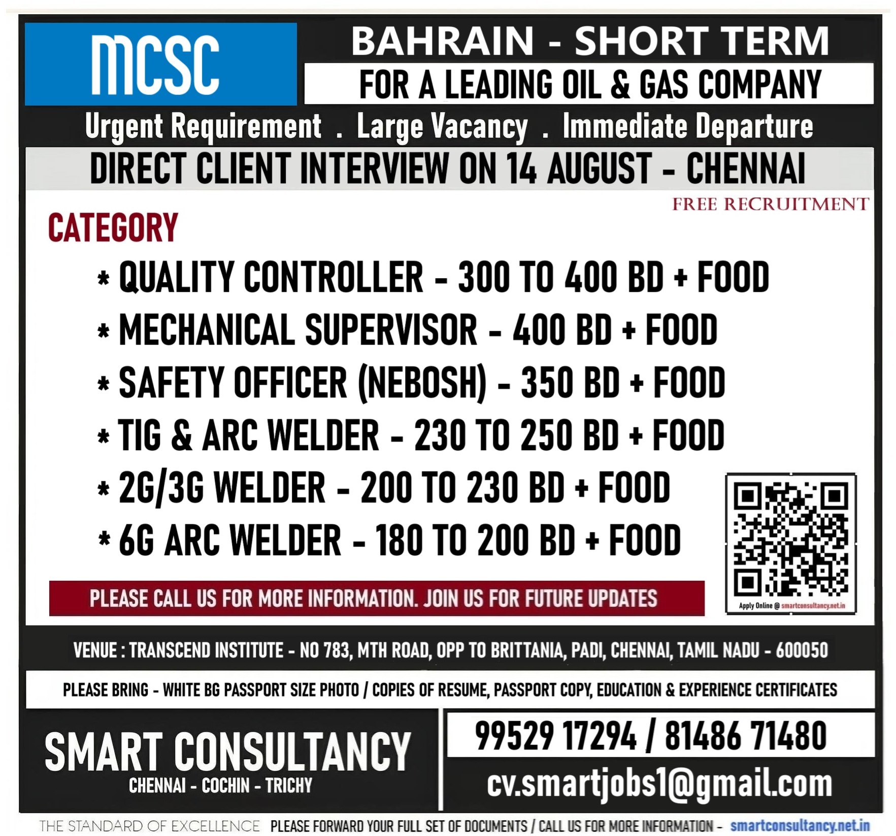 WANTED FOR A LEADING OIL AND GAS PROJECTS – BAHRAIN / DIRECT CLIENT INTERVIEW ON 14 AUG – CHENNAI