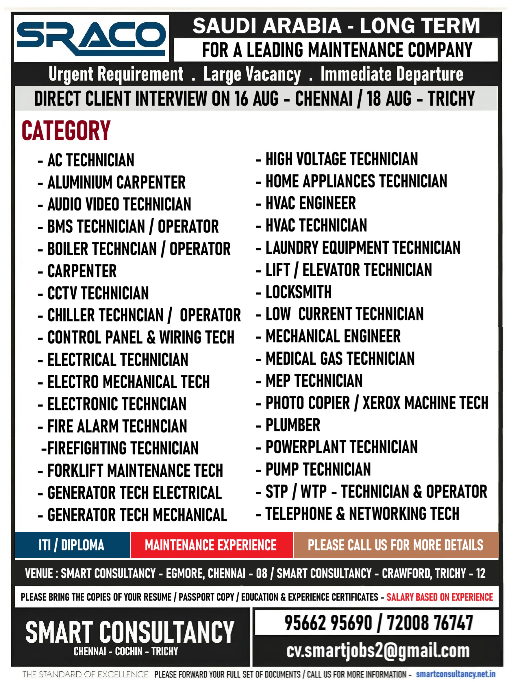 WANTED FOR A LEADING MAINTENANCE COMPANY – SAUDI ARABIA / DIRECT CLIENT INTERVIEW ON 16 AUG – CHENNAI / 18 AUGUST – TRICHY