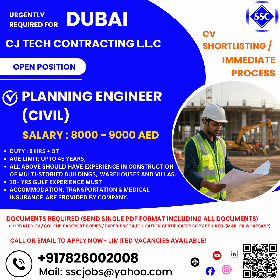 Planning Engineer (Civil) Jobs in Dubai – 8K-9K AED Salary + Benefits | Apply Now!”