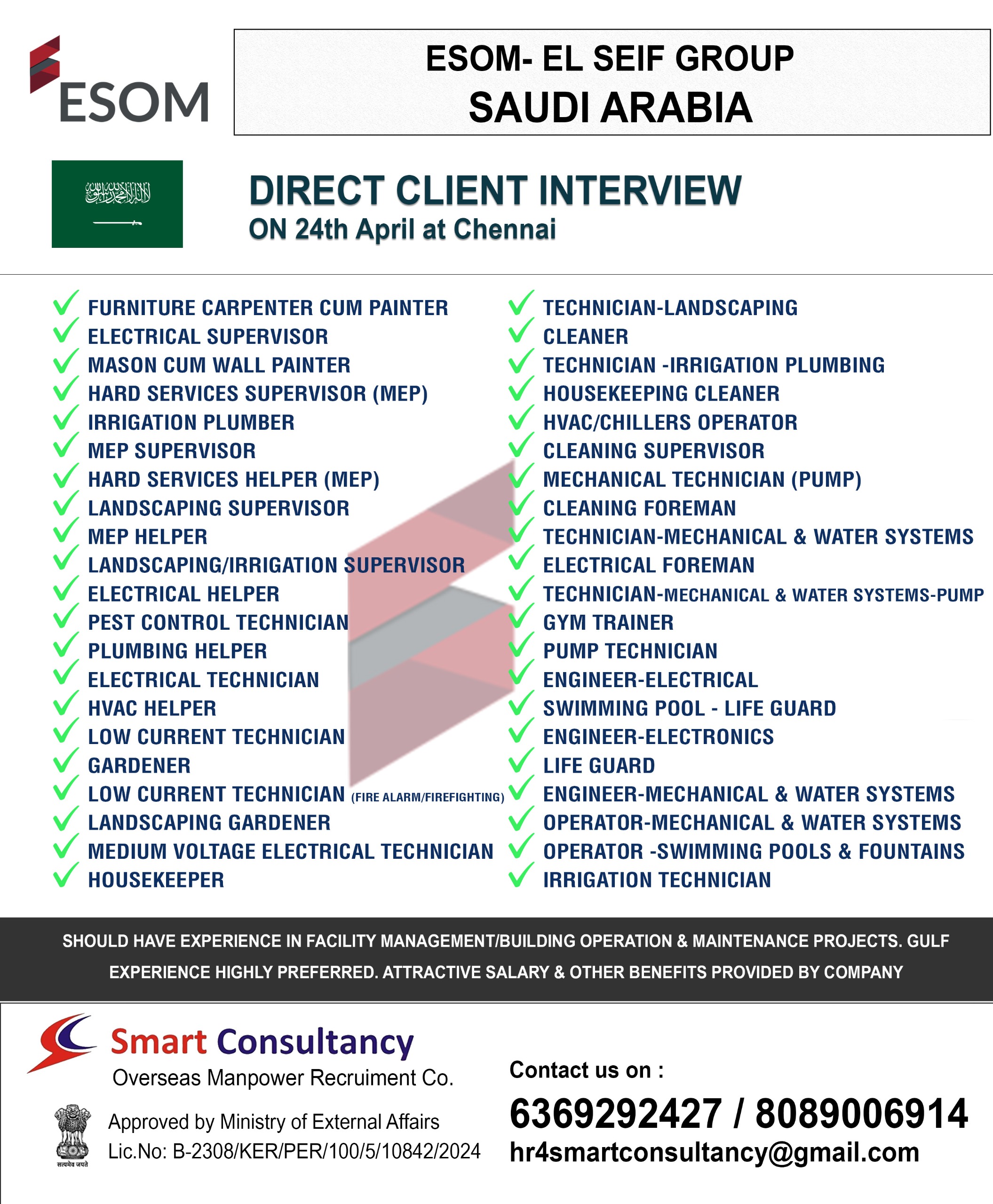WE ARE HIRING FOR ESOM -EL- SEIF GROUP SAUDI ARABIA DIRECT CLIENT INTERVIEW ON 24TH APRIL AT CHENNAI