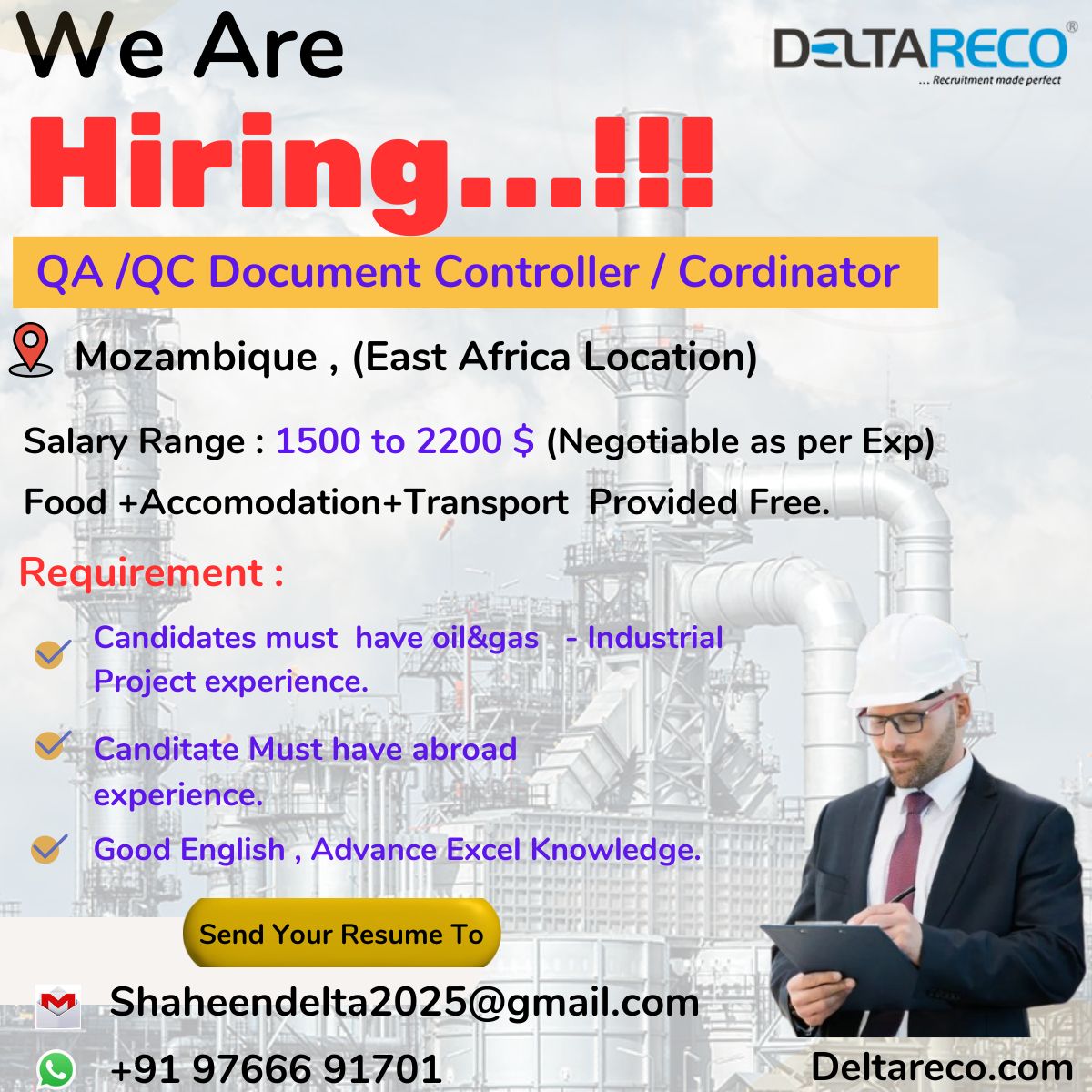 Hiring QA Qc Document Controller For Mozambique